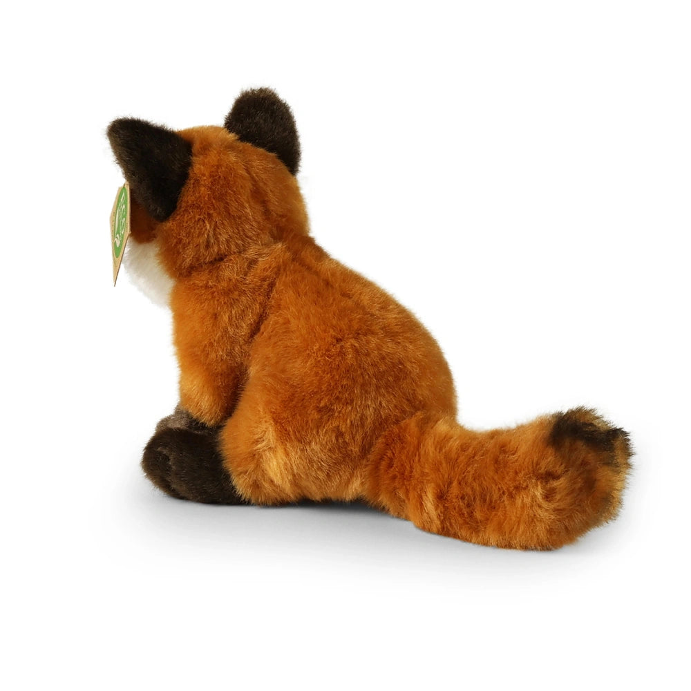 Plush fox toy, 18 cm, featuring soft brown fur, black accents, and a curled tail, against a light background.