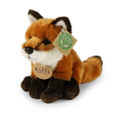 Plush fox toy in orange and white with brown accents, featuring an eco-friendly tag, sitting upright on a light background.