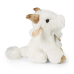 Plush goat stuffed animal with a fluffy white texture, sitting on a light background, showcasing its simple facial features.