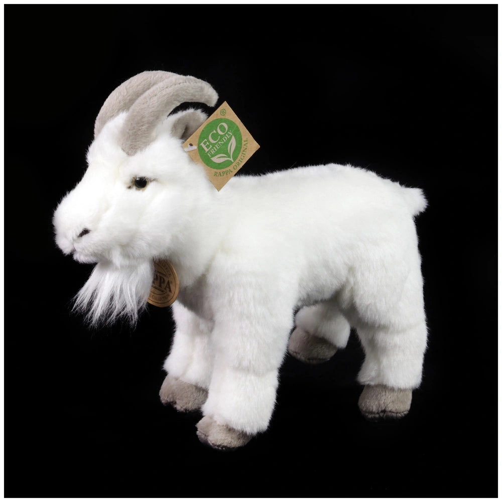 Plush goat stuffed animal in white with dark horns, featuring a tag with eco-friendly symbols against a black background.