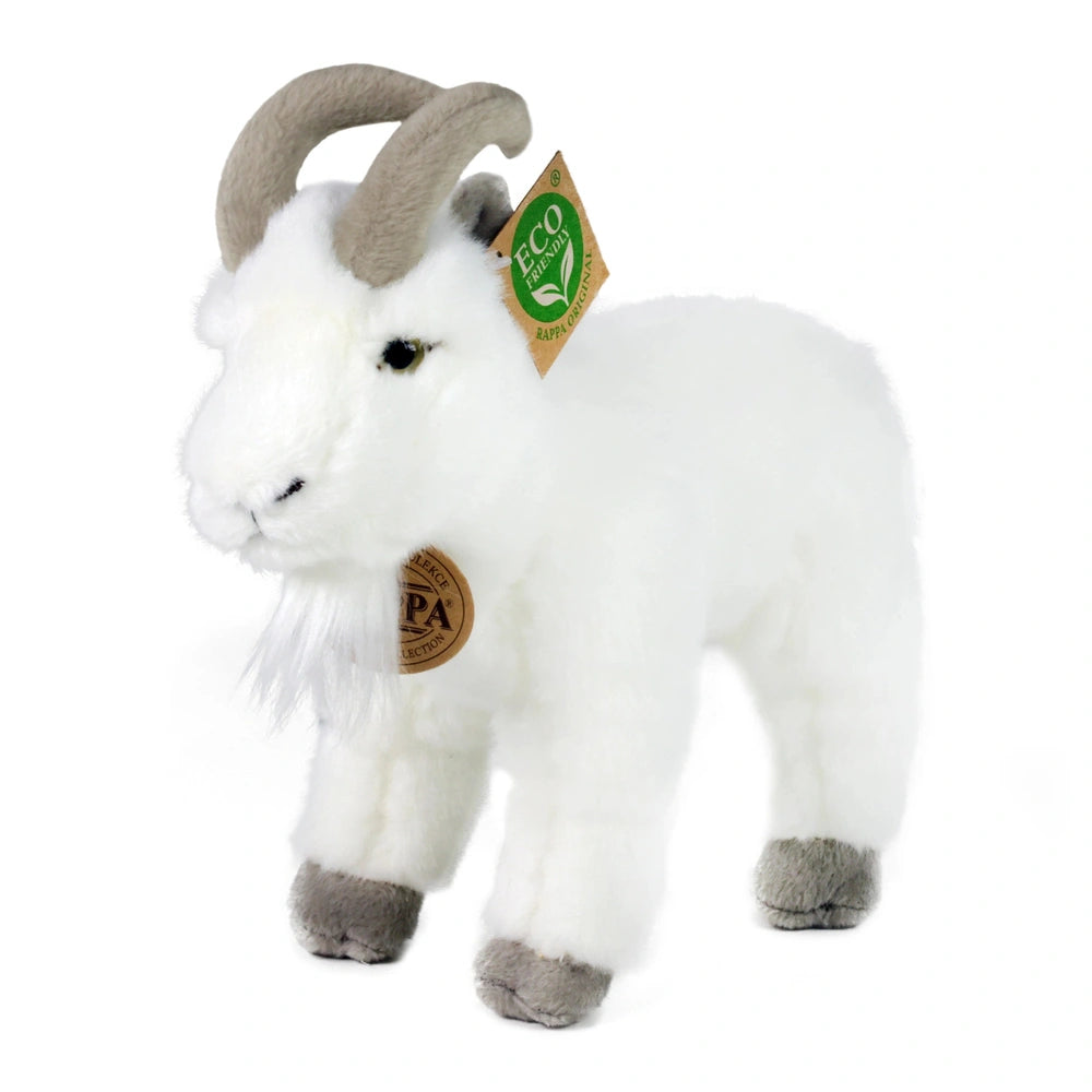 Plush goat toy with fluffy white fur and a green tag on its ear, set against a plain white background.