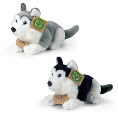 Plush husky dogs in white and black, featuring eco-friendly tags, displayed side by side on a white background.