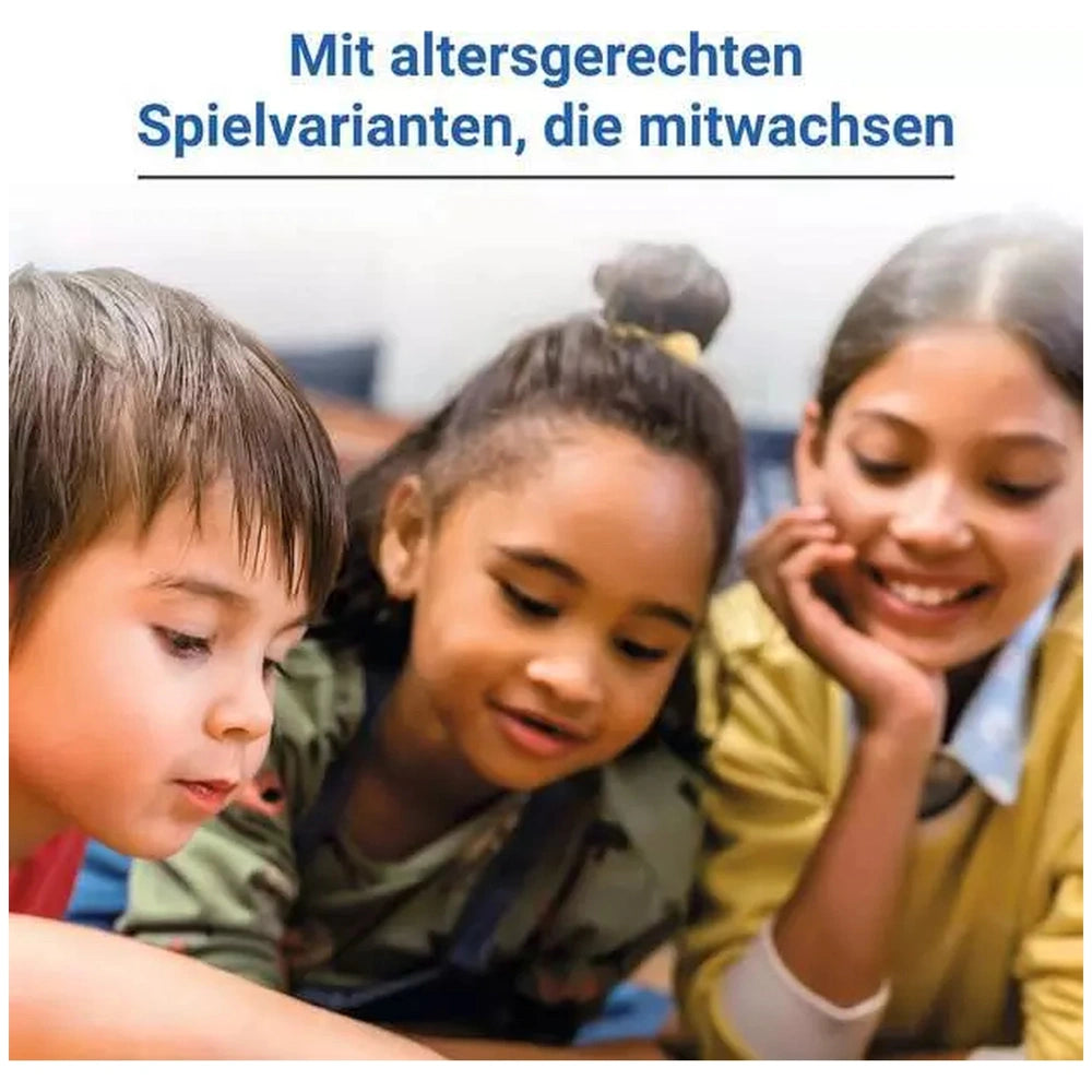 Ravensburger - 1X1 Drachen board game is enjoyed by three smiling children sharing a book or tablet in a bright indoor settin