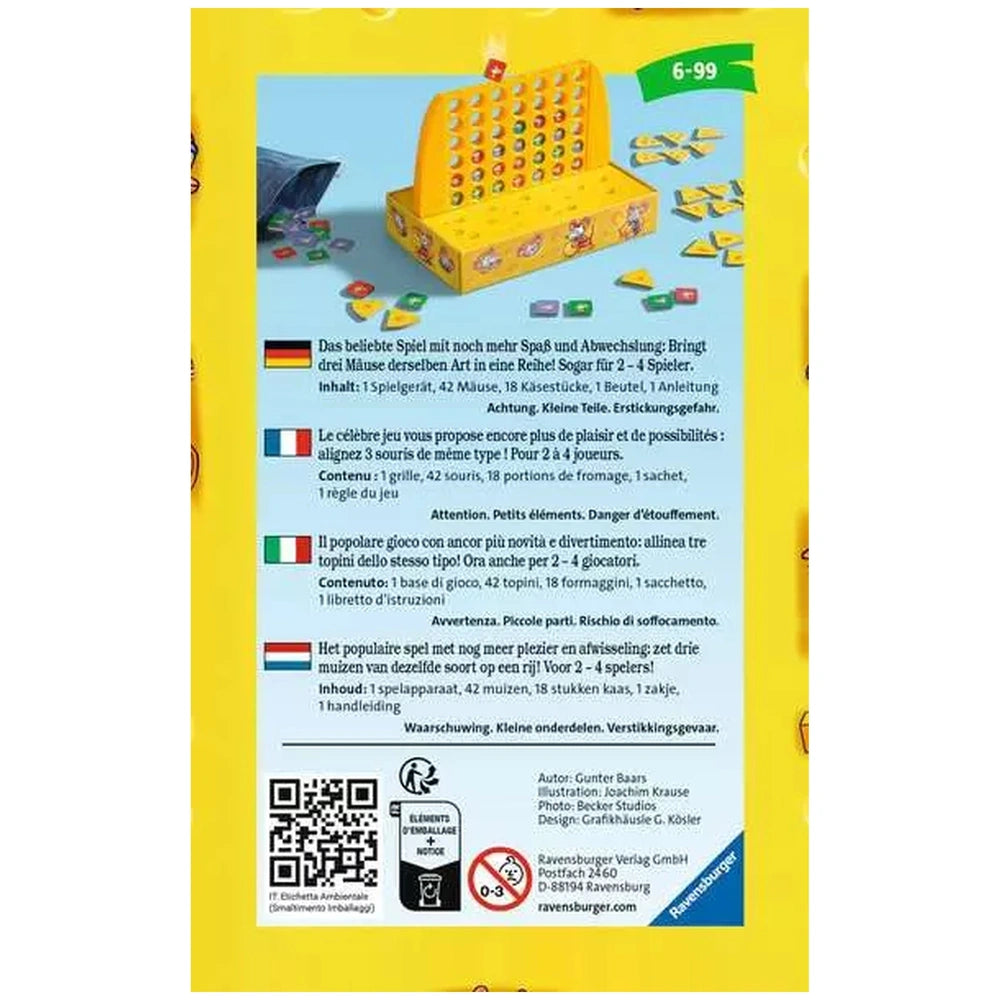 Ravensburger 3 Gewinnt! board game in a yellow container filled with colorful puzzle pieces on a yellow background.