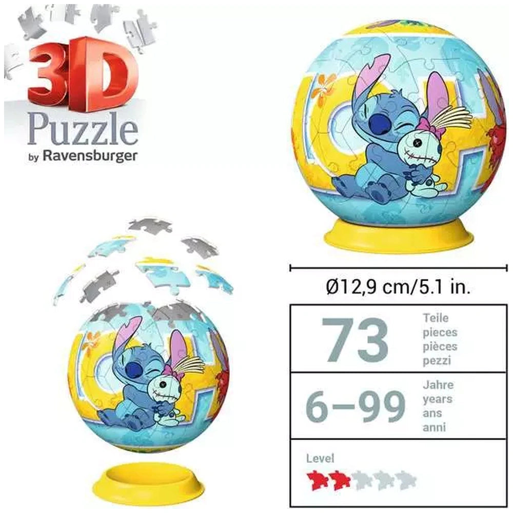 Ravensburger 3D puzzle ball features colorful Lilo & Stitch characters, partially assembled on a yellow base, set against a w