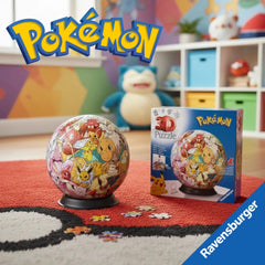 3D Pokémon puzzle ball sits on a vibrant red rug, accompanied by a box featuring the Pokémon logo in a playful indoor setting