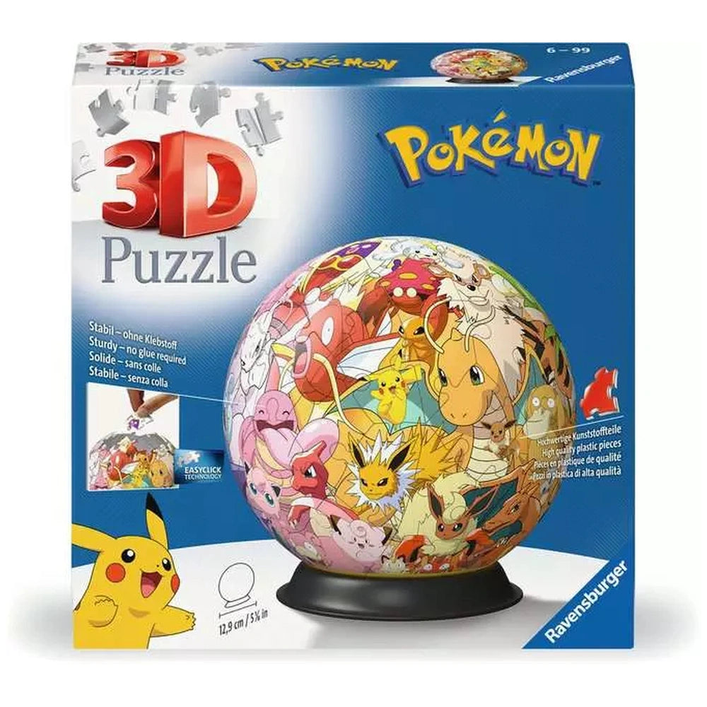 Ravensburger 3D puzzle ball features vibrant Pokémon characters on a colorful spherical centerpiece with a glossy blue cardbo