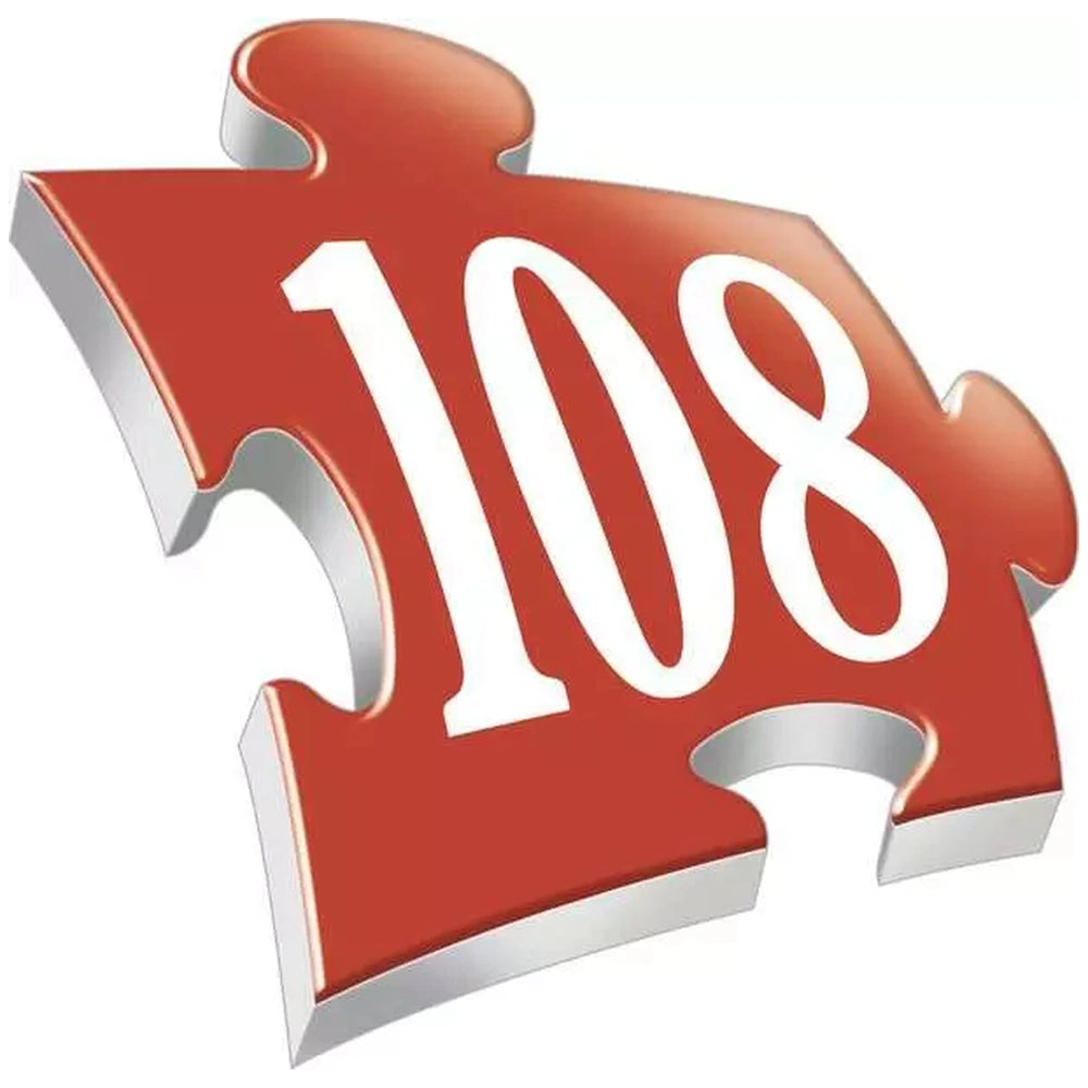 Ravensburger 3D puzzle piece in shiny red with metallic edges features a bold number "108" prominently displayed.