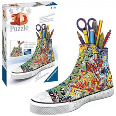 3D puzzle sneaker features a vibrant jigsaw design with colorful patterns, high-top style, and a glossy finish.