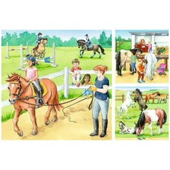 Ravensburger puzzle featuring four vibrant equestrian scenes with horses, riders, stables, and lush greenery in a grid layout