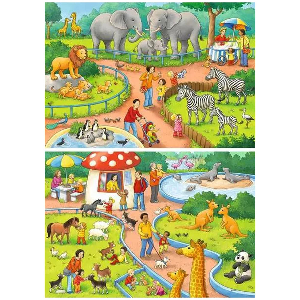 Ravensburger puzzle features a split illustration of a zoo with animals and visitors above, and a park scene below.