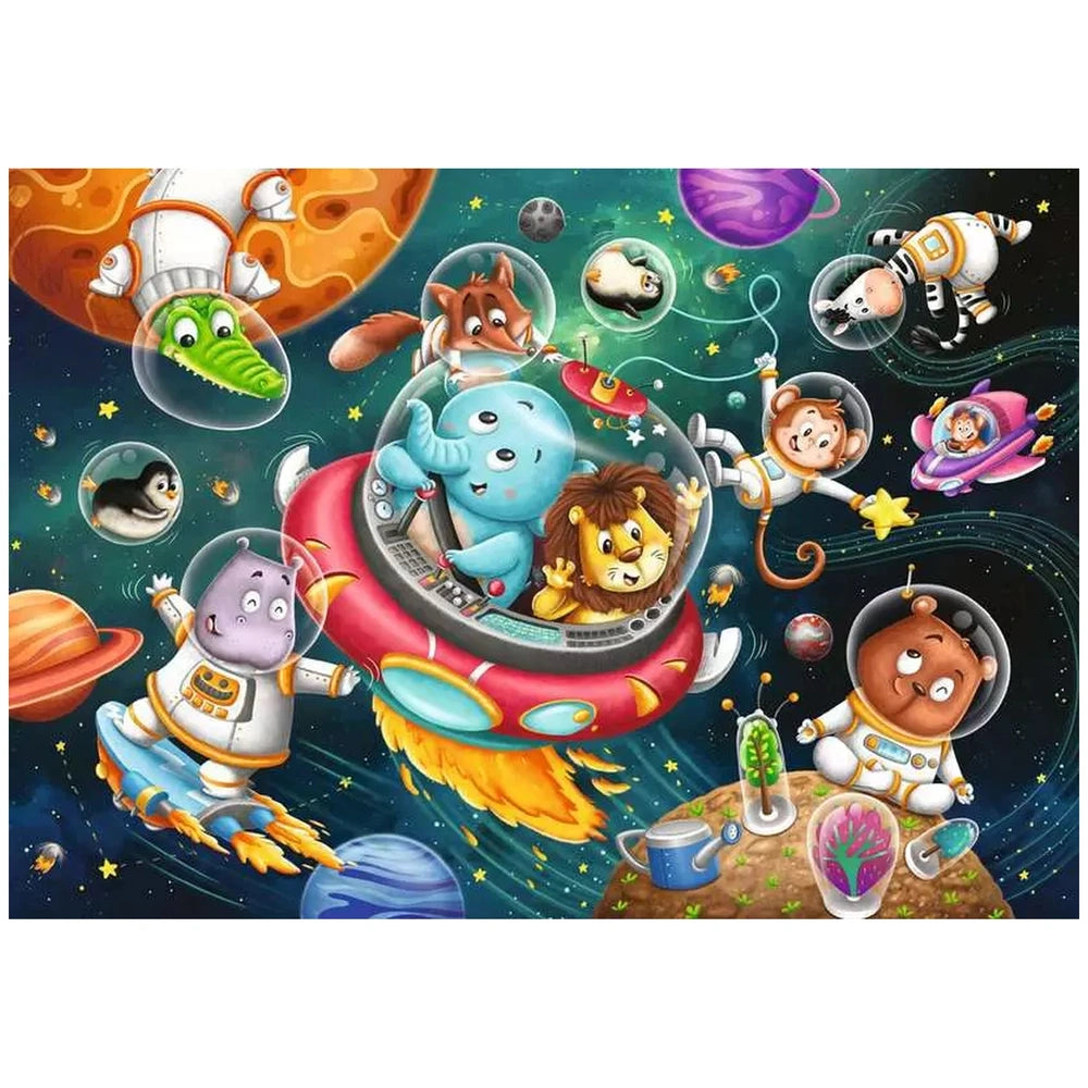 Ravensburger Animals In Space puzzle features a colorful scene with a red spaceship, a blue alien, and playful anthropomorphi