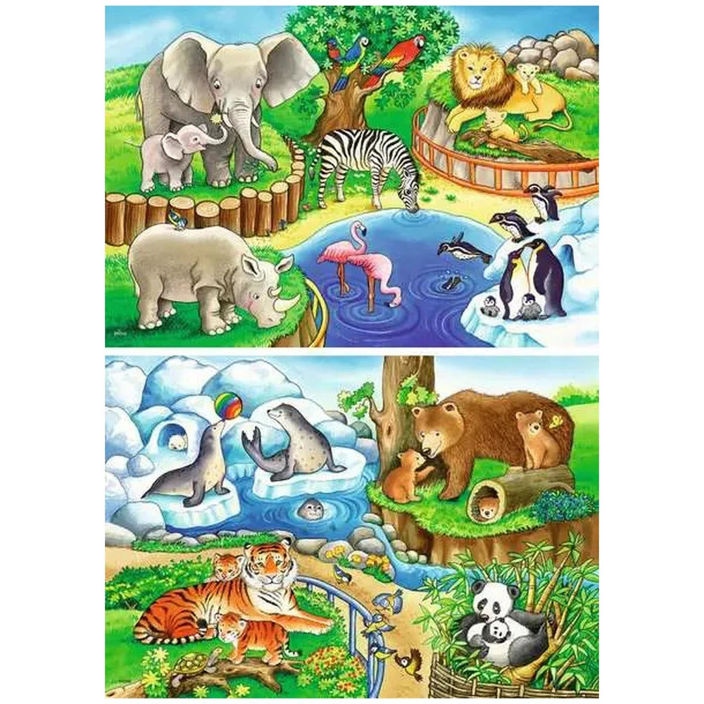 Ravensburger puzzle features vibrant illustrations of zoo animals like elephants, zebras, and a giraffe in natural habitats.