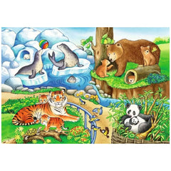 Ravensburger puzzle features a vibrant zoo scene with seals, bears, tigers, and various birds in a colorful natural habitat.