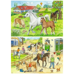 Ravensburger puzzle featuring a colorful rural scene with horses, people, and a farmhouse in a lively outdoor setting.