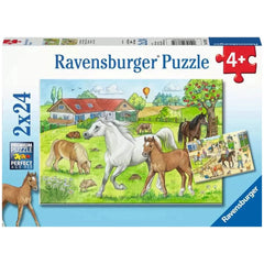 Ravensburger puzzle box featuring a colorful farm scene with animals, a house, and a visible red puzzle piece.
