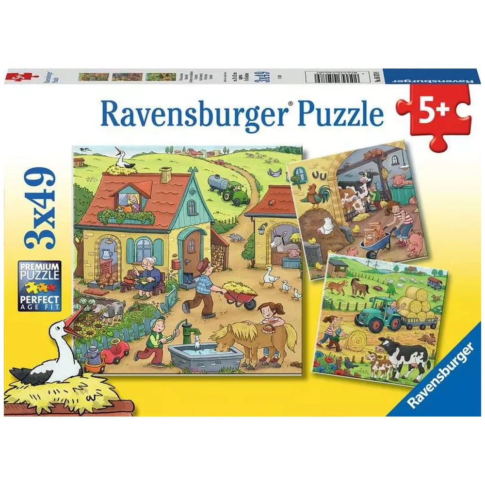 Ravensburger - Mucho Sucediendo en la Granja - 3x49 Piezas - Rompecabezas