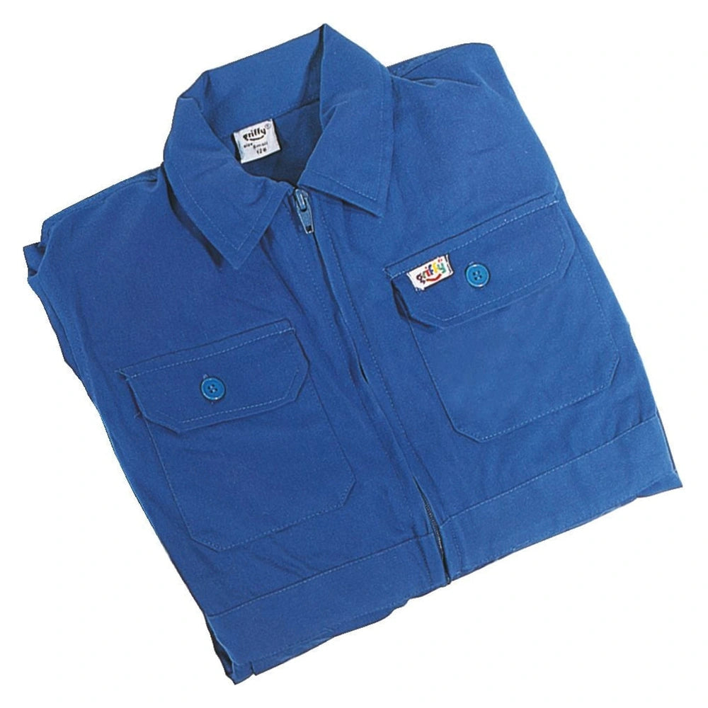 Blue work shirt with a collar, two chest pockets, and ribbed cuffs, made from a durable synthetic fabric.