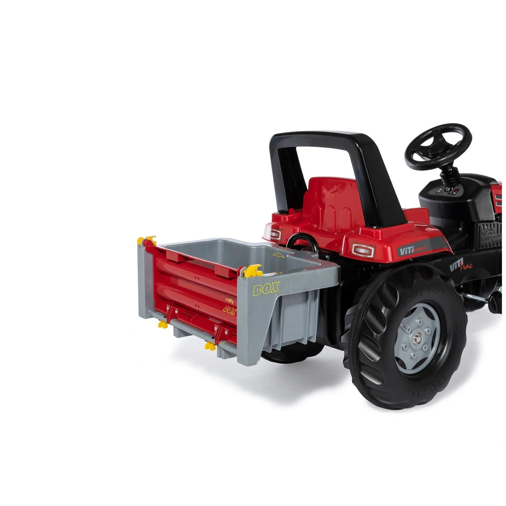 Rolly Toys Rollybox John Deere is a red and black toy tractor with a trailer, featuring a glossy and matte finish.