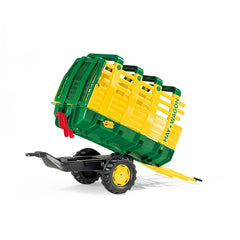 Rollyhay Wagon green trailer toy features a three-wheeled design with a green body, yellow wheels, and a collection bin.