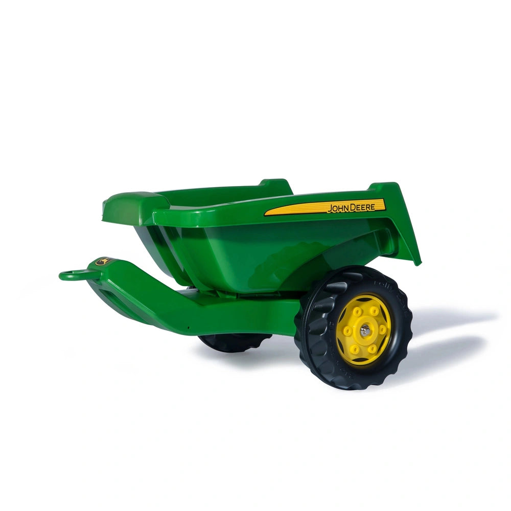 Rolly Toys John Deere trailer toy lawn mower features a green body, yellow wheels, and a handle on a flat surface.