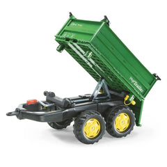 Green dump truck with a raised bed, yellow-accented wheels, and a red handle, set against a plain background.