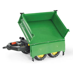 Rollymega green trailer features a smooth plastic container with an open hinged lid and two yellow rubber wheels.