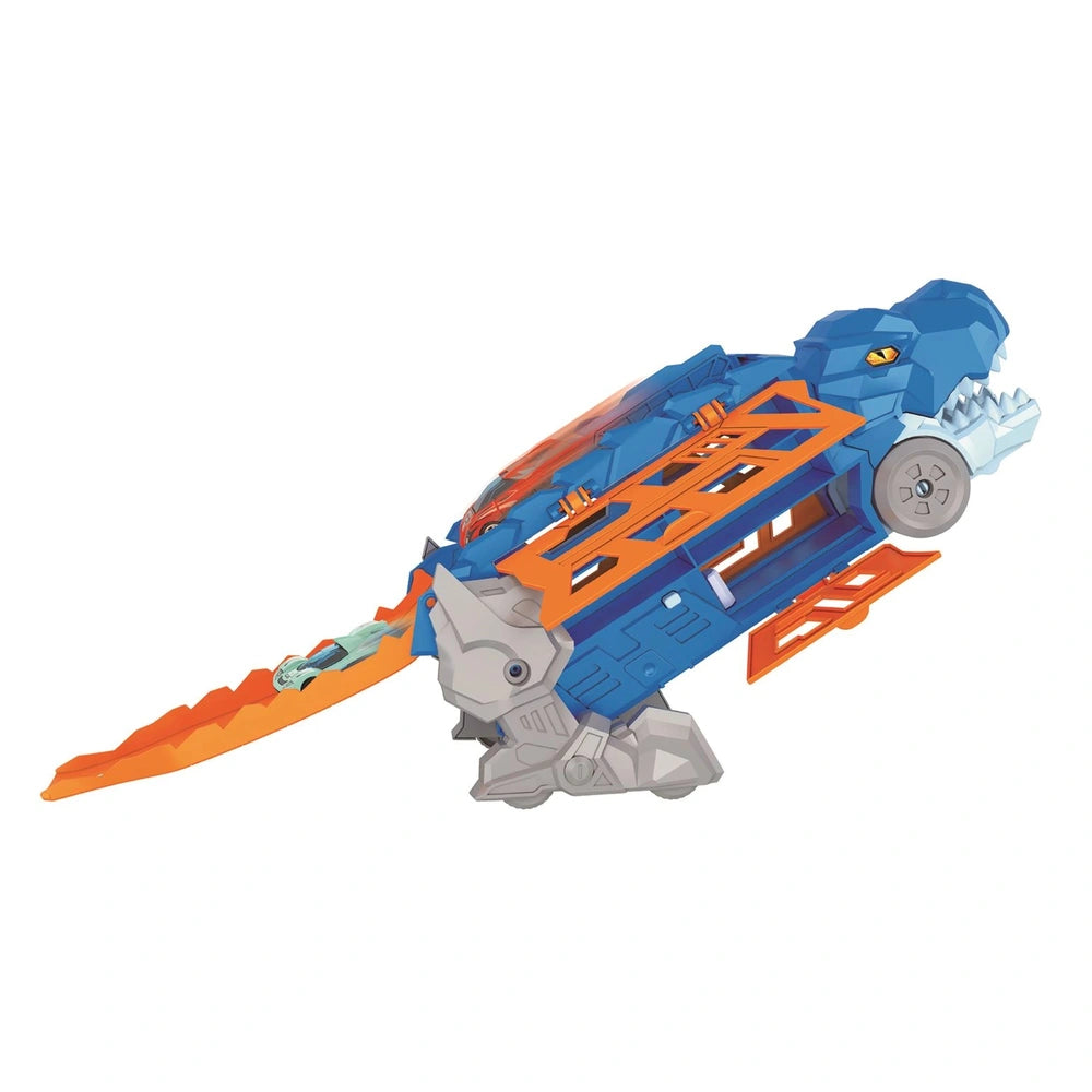 Dino Track Play Set features a glossy blue and matte orange vehicle with prominent blades and a sleek design.