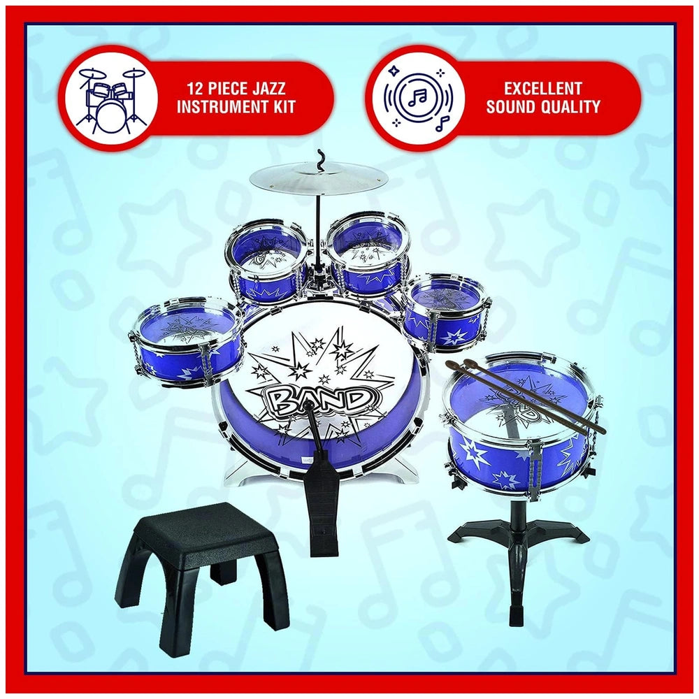 RS Toys Junior Rock Band Ritmo Rock Drums features a blue and white drum set with a black stool, showcasing musical notes and