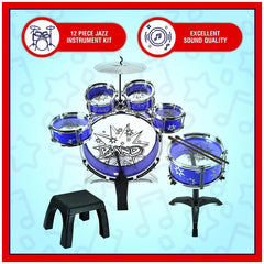 RS Toys Junior Rock Band Ritmo Rock Drums features a blue and white drum set with a black stool, showcasing musical notes and