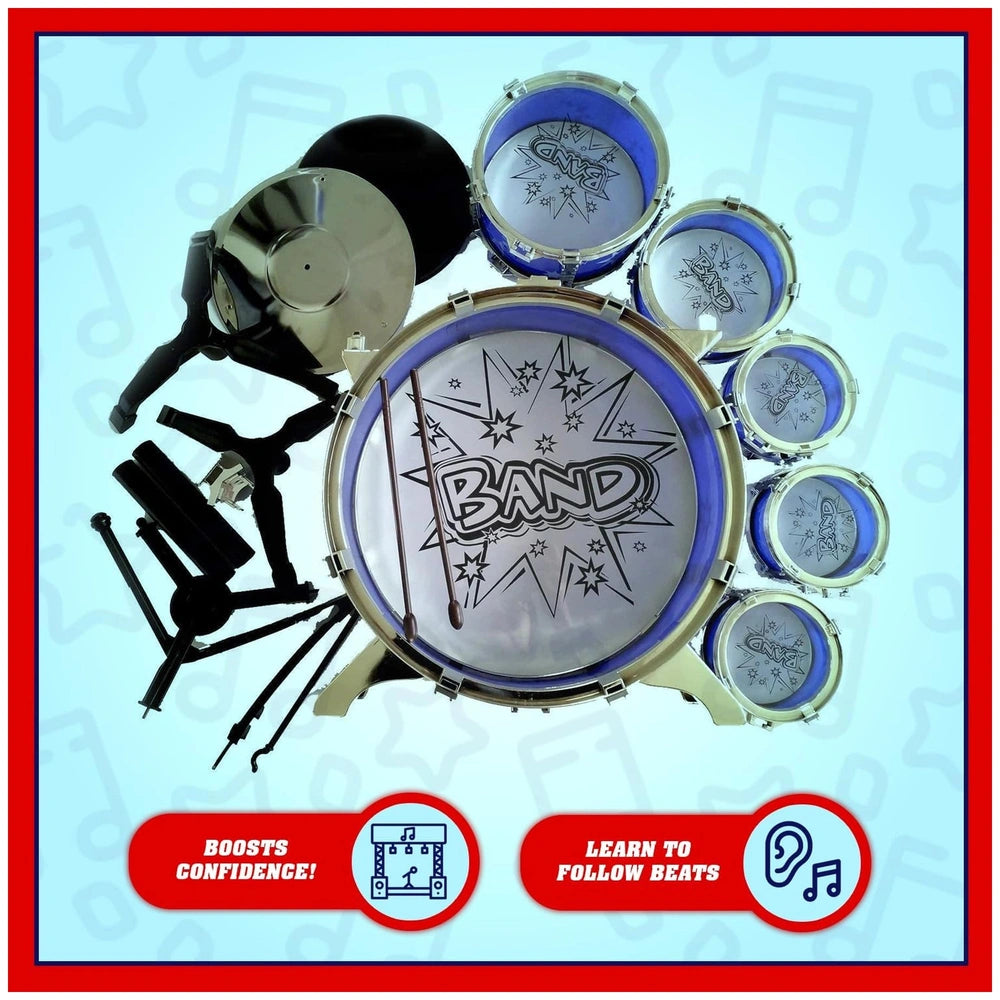 RS Toys Junior Rock Band Ritmo Rock Drums features a shiny silver and black drum set with cymbals and toms, promoting musical