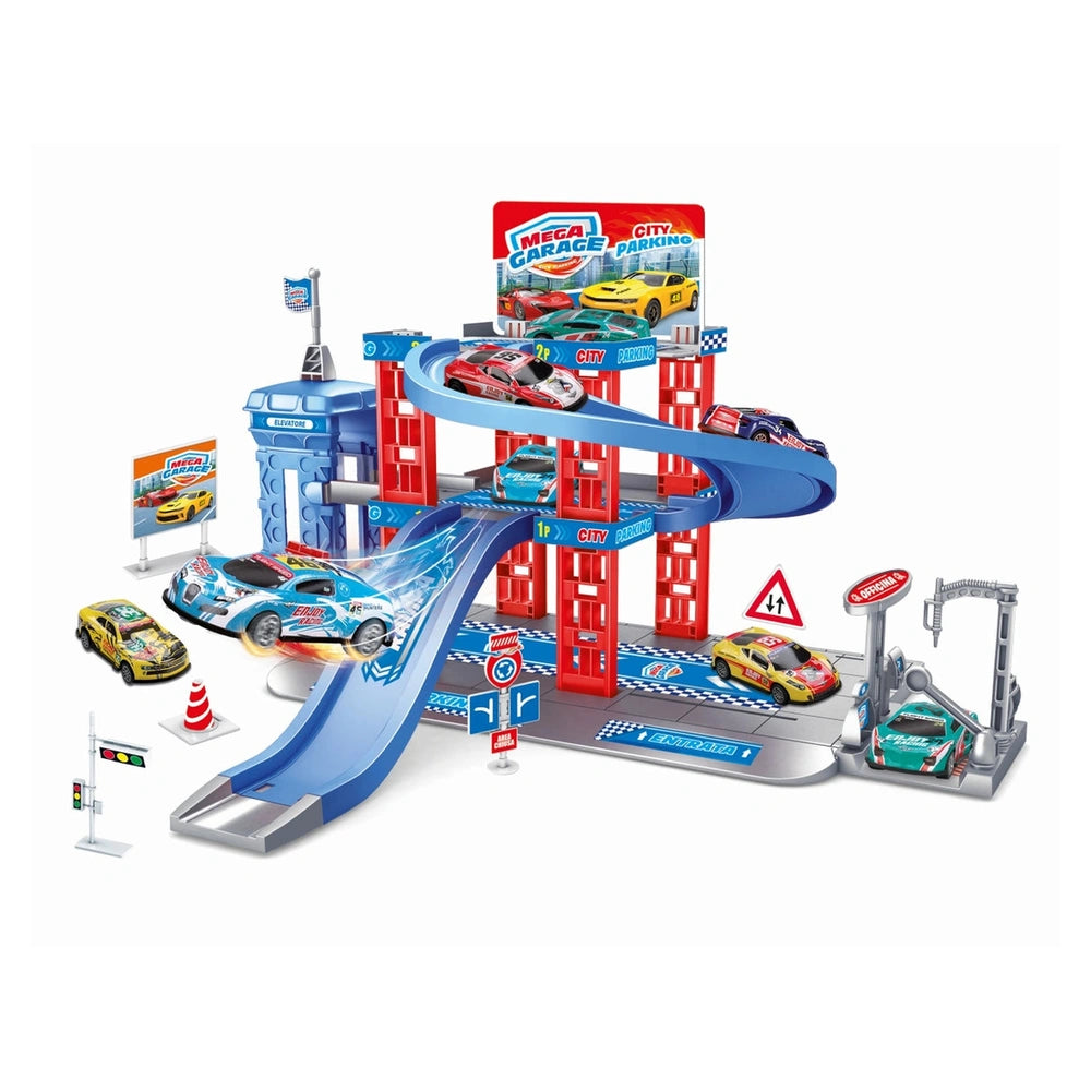RS Toys Mega Garage Center features a blue winding track, car launch ramp, and colorful toy cars for dynamic racing play.