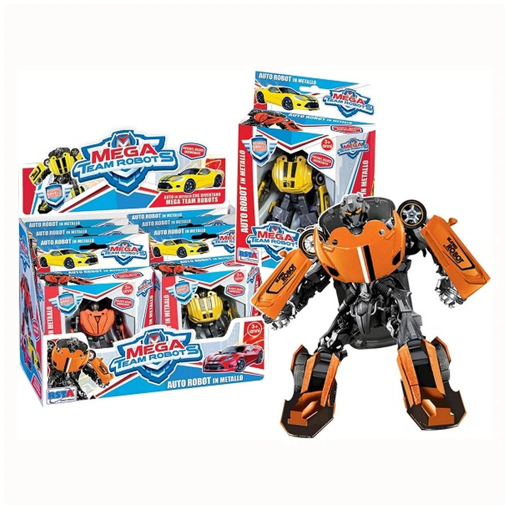 RS Toys Mega Team Robots features an orange and black robot alongside colorful toy cars in blue and red packaging.
