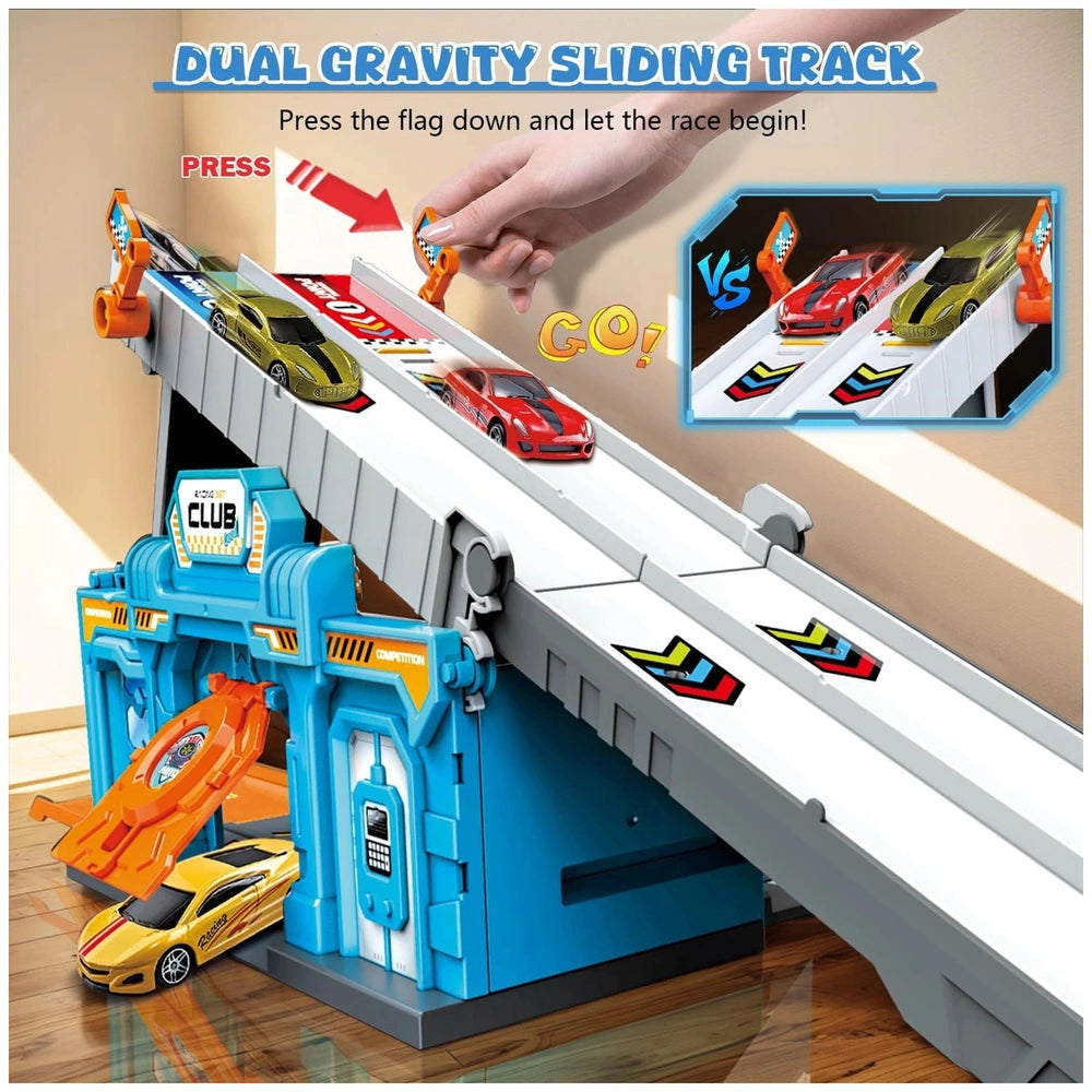 RS Toys Pista Pit Stop features a colorful race track with a dual gravity slider, toy cars, and a hand holding a red flag.
