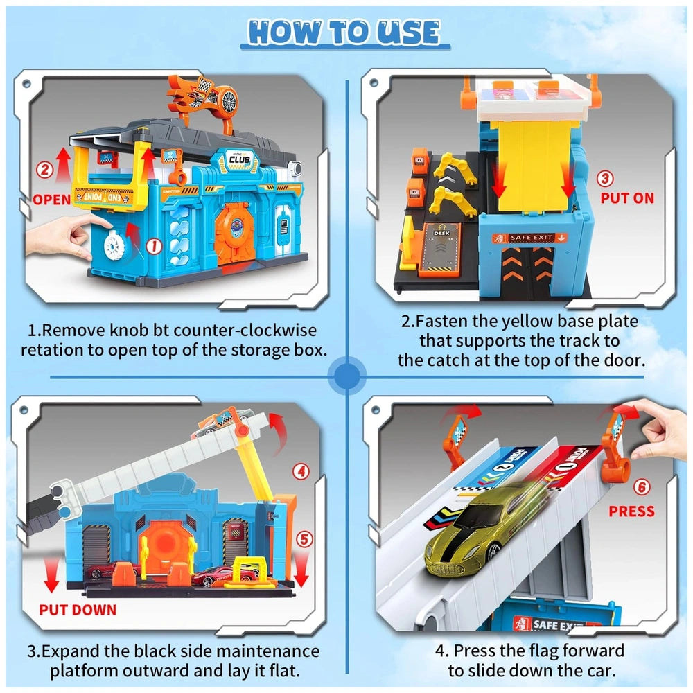 RS Toys Pista Pit Stop features a blue and orange ramp with a yellow car being launched, alongside a building with a clock an