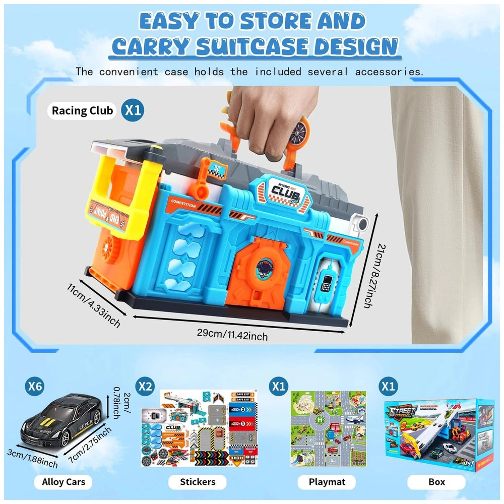 RS Toys suitcase-shaped toy car in blue and orange, held by a hand against a light blue background, showcasing its portable d