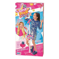 Pink children's microphone packaging featuring a girl singing, with playful graphics and bright colors against a starry backg