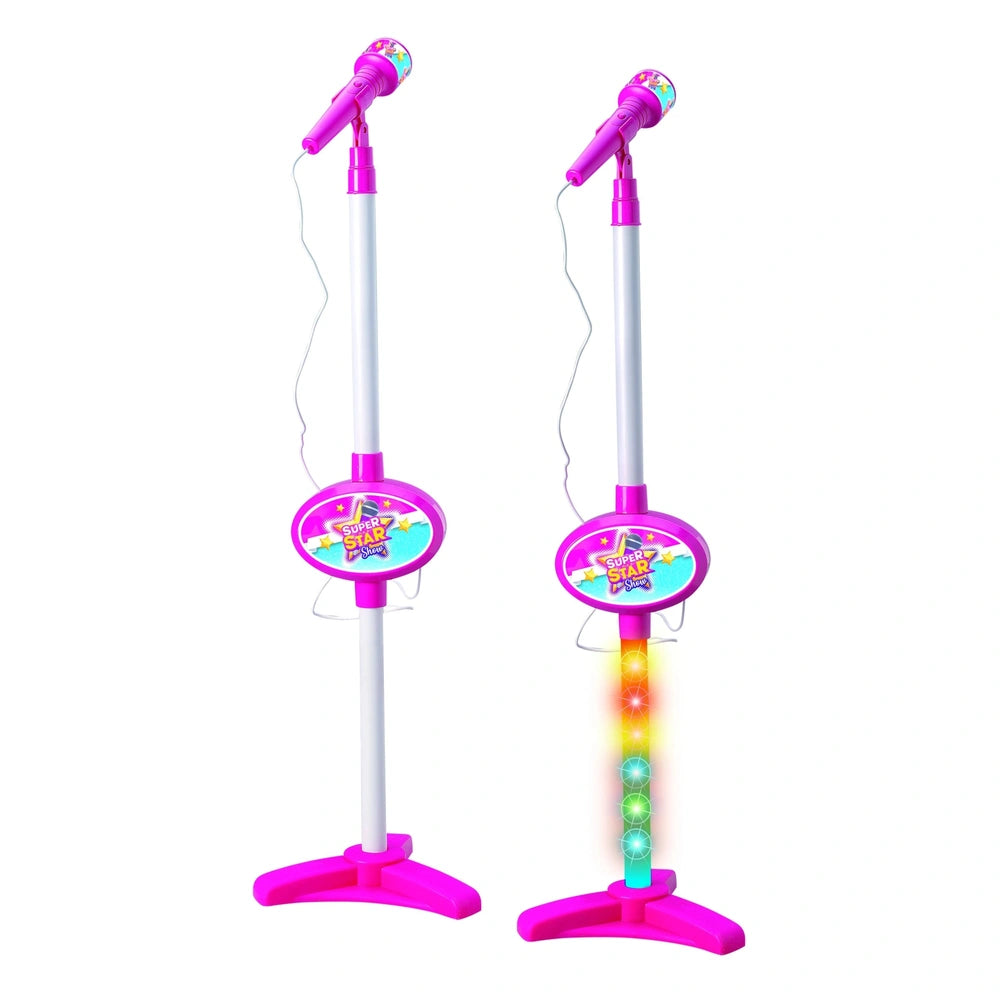 RS Toys Super Star Show Microphone features pink and white stands with circular bases, showcasing "SUPER STAR" text and stars