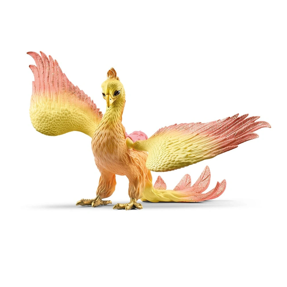 Phoenix toy figure with vibrant yellow and orange body, large wings, and expressive eyes, set against a light background.
