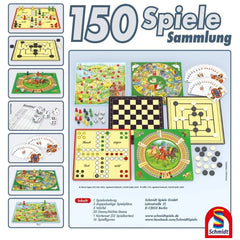 Schmidt Spiele's 150 game collection features colorful board games with various pieces and instructions on a light blue backg