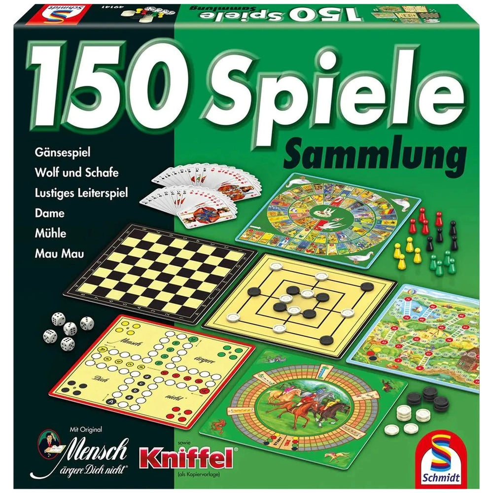 Schmidt Spiele's "150 Spiele Sammlung" box features colorful game pieces and illustrated cards, showcasing a variety of games