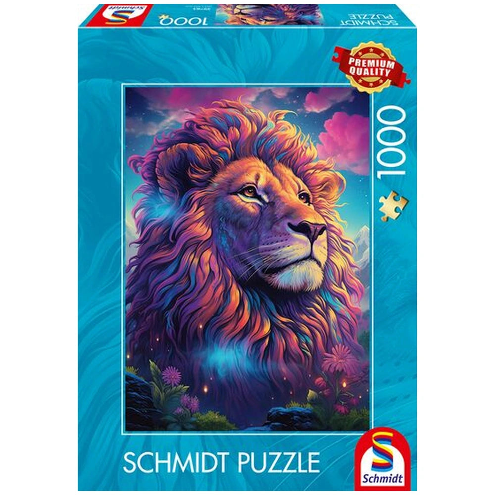 SCHMIDT SPIELE jigsaw puzzle box featuring a vibrant lion's head with a colorful mane against a blue gradient background.