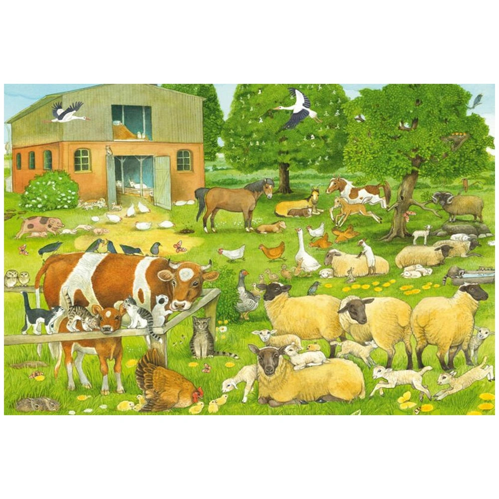 Schmidt Spiele's Animal Families on the Farm puzzle features a vibrant pastoral scene with various farm animals near a large 