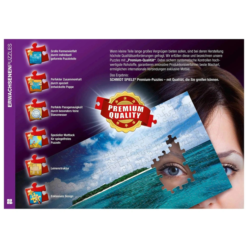 Bambi jigsaw puzzle covers a woman's eyes against a vibrant background of blue sky and water, creating a playful visual metap
