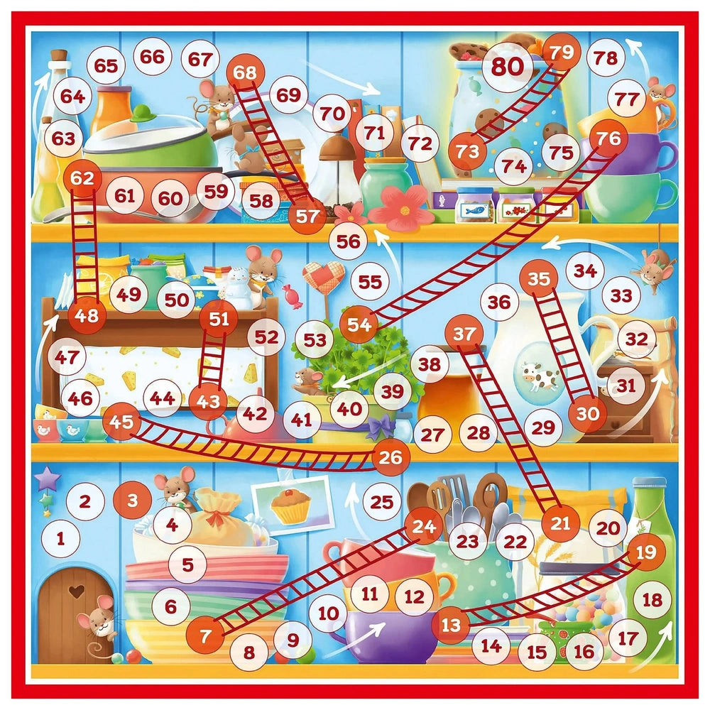 Schmidt Spiele children's board game features a colorful kitchen scene with playful animals and a numbered pathway for intera