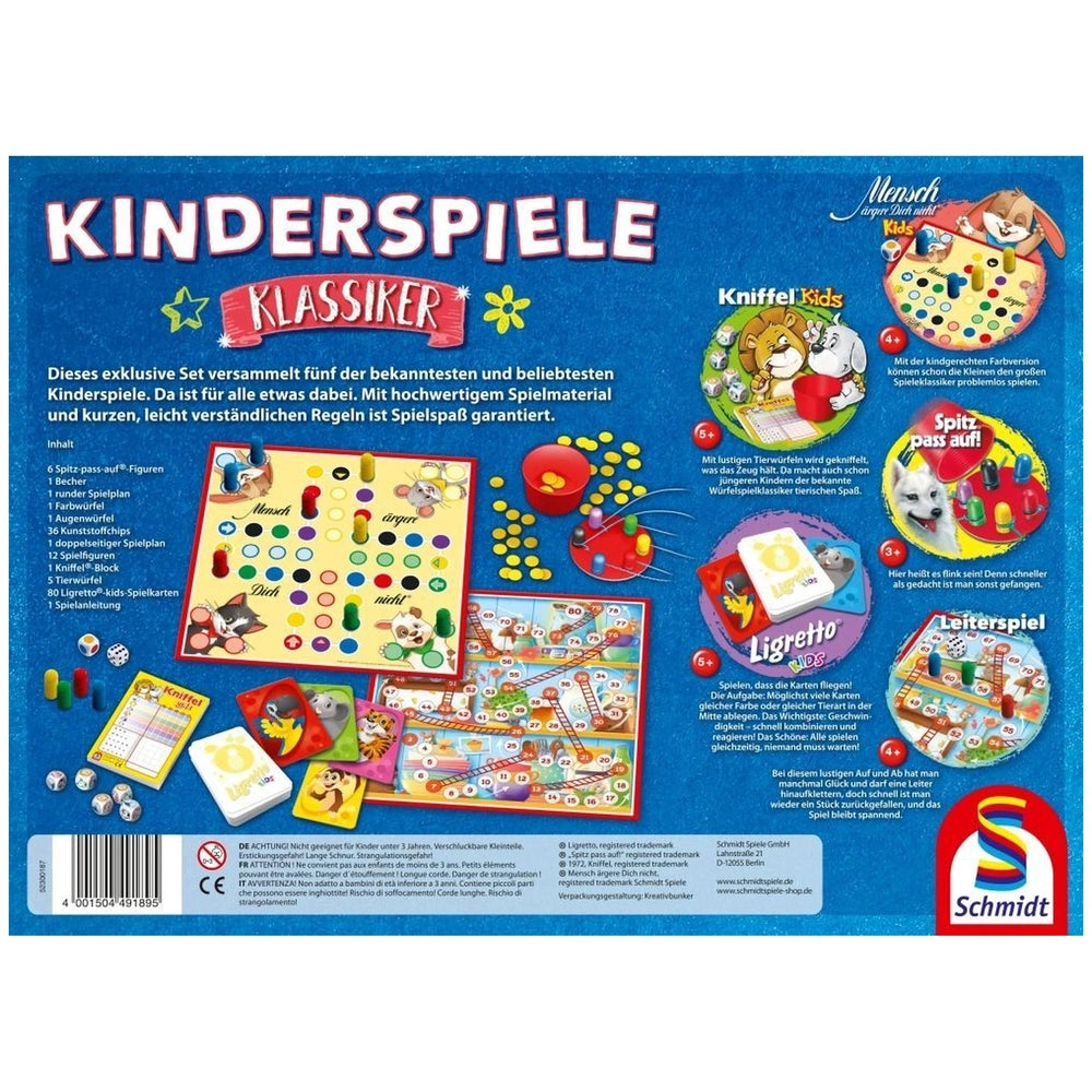 Schmidt Spiele children's board game features colorful illustrations, game pieces, and cards on a blue background.