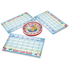 Schmidt Spiele - City, Country, River board game set featuring a colorful circular piece and three vibrant rectangular cards.