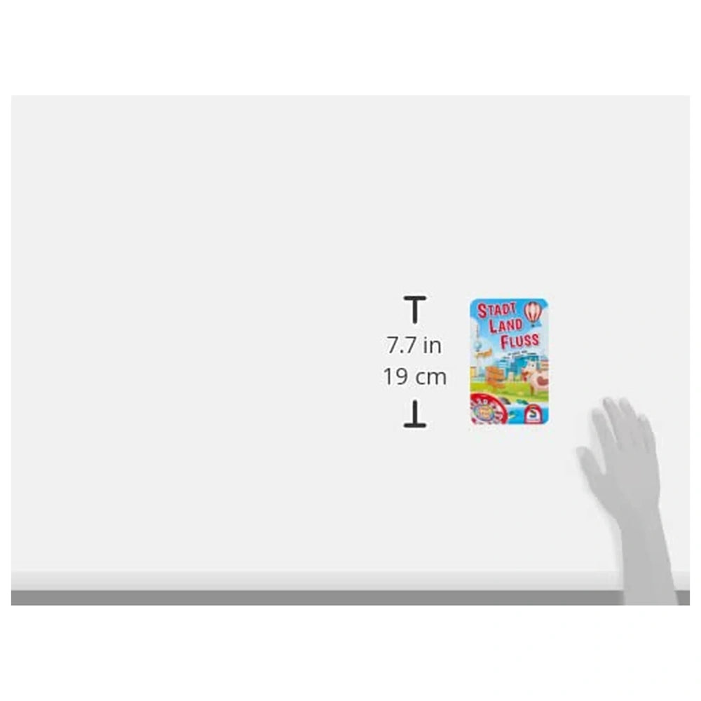 Schmidt Spiele's colorful City, Country, River children's board game piece is held in a hand against a light background.