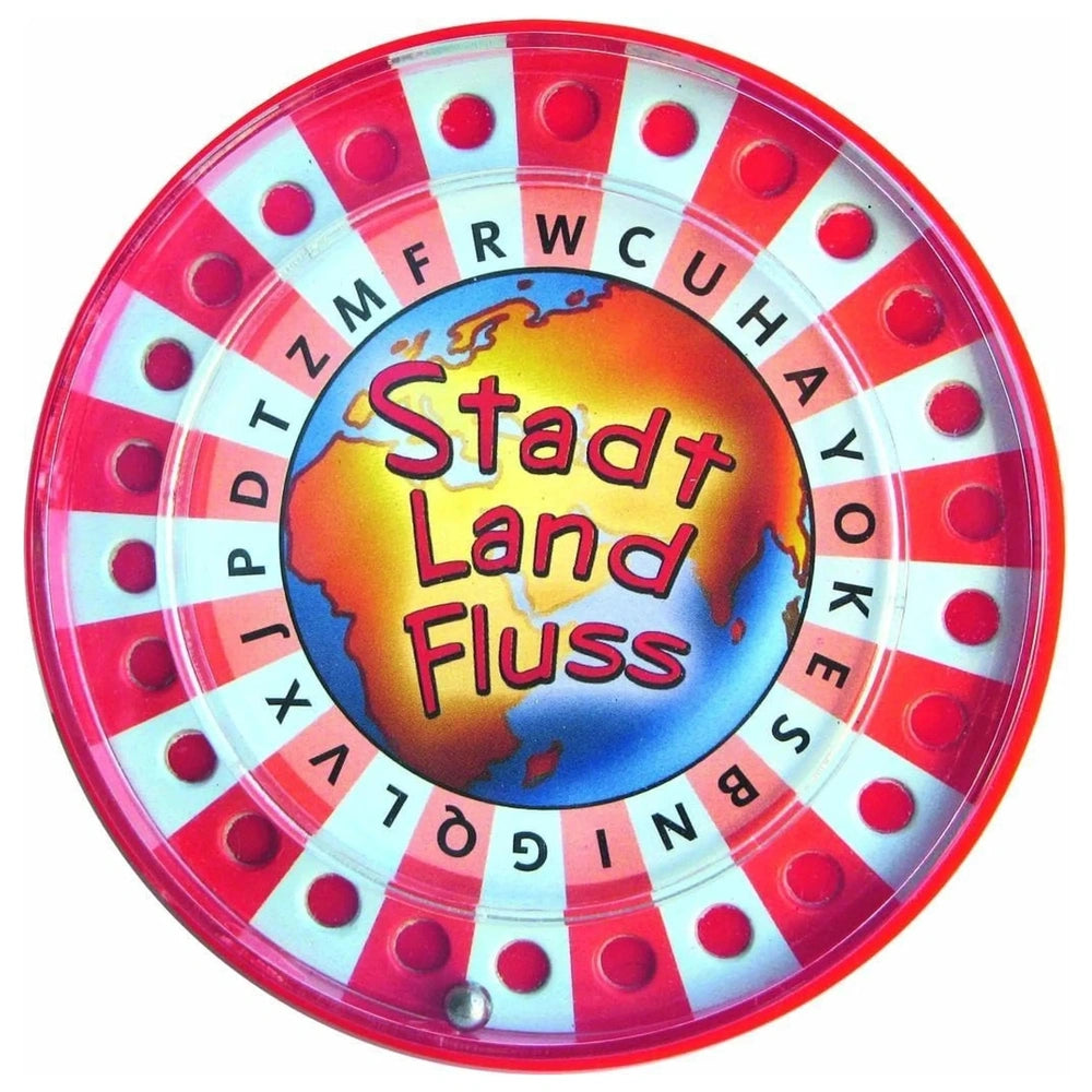 Schmidt Spiele's City, Country, River board game features a colorful, glossy wheel with playful text and a central globe grap