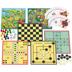 Schmidt Spiele Compact Game Collection features a colorful assortment of board games, cards, dice, and game pieces on a light
